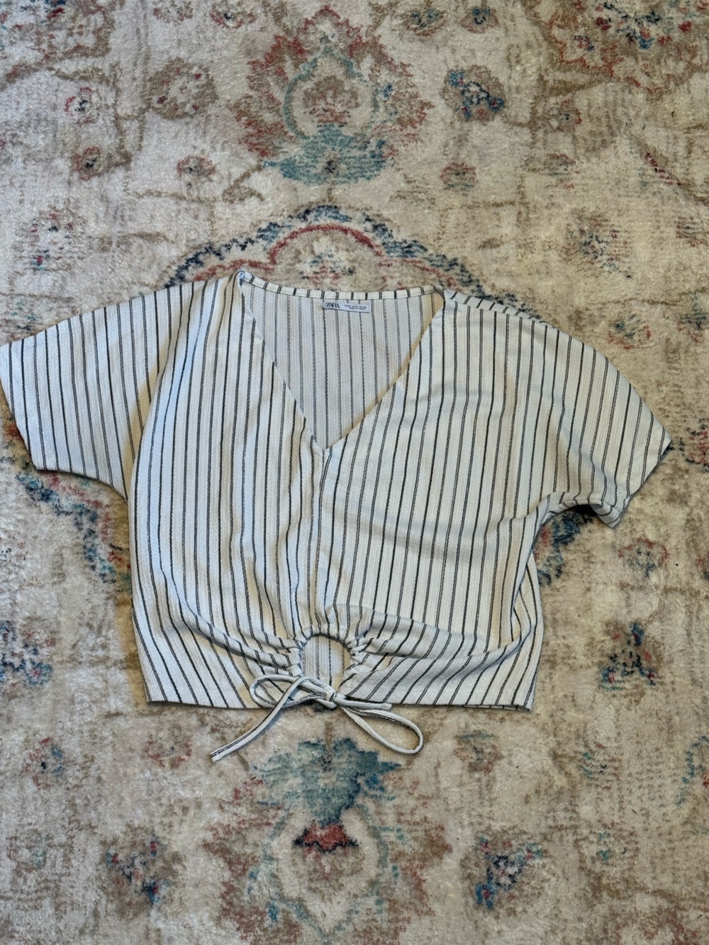 Zara White Striped Cropped Tie-Front Top